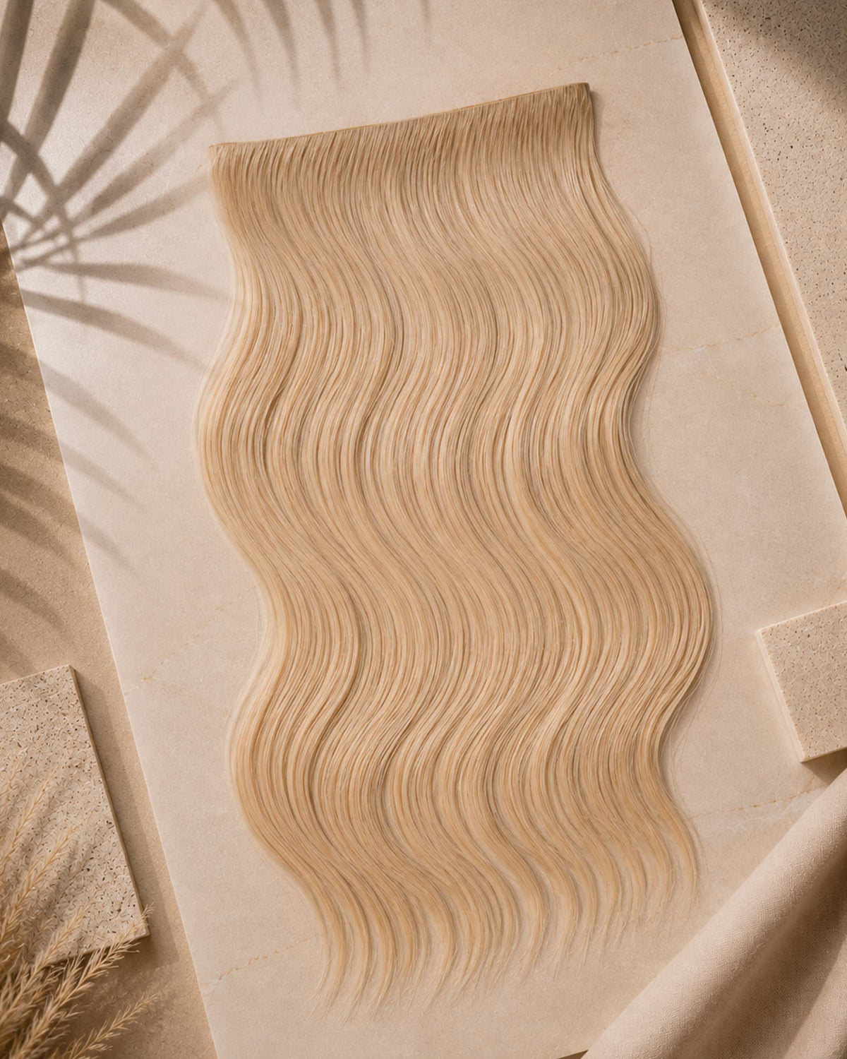 Premium Weft, Lifestyle-Aufnahme auf strukturierter Oberfläche – Champagne Blonde