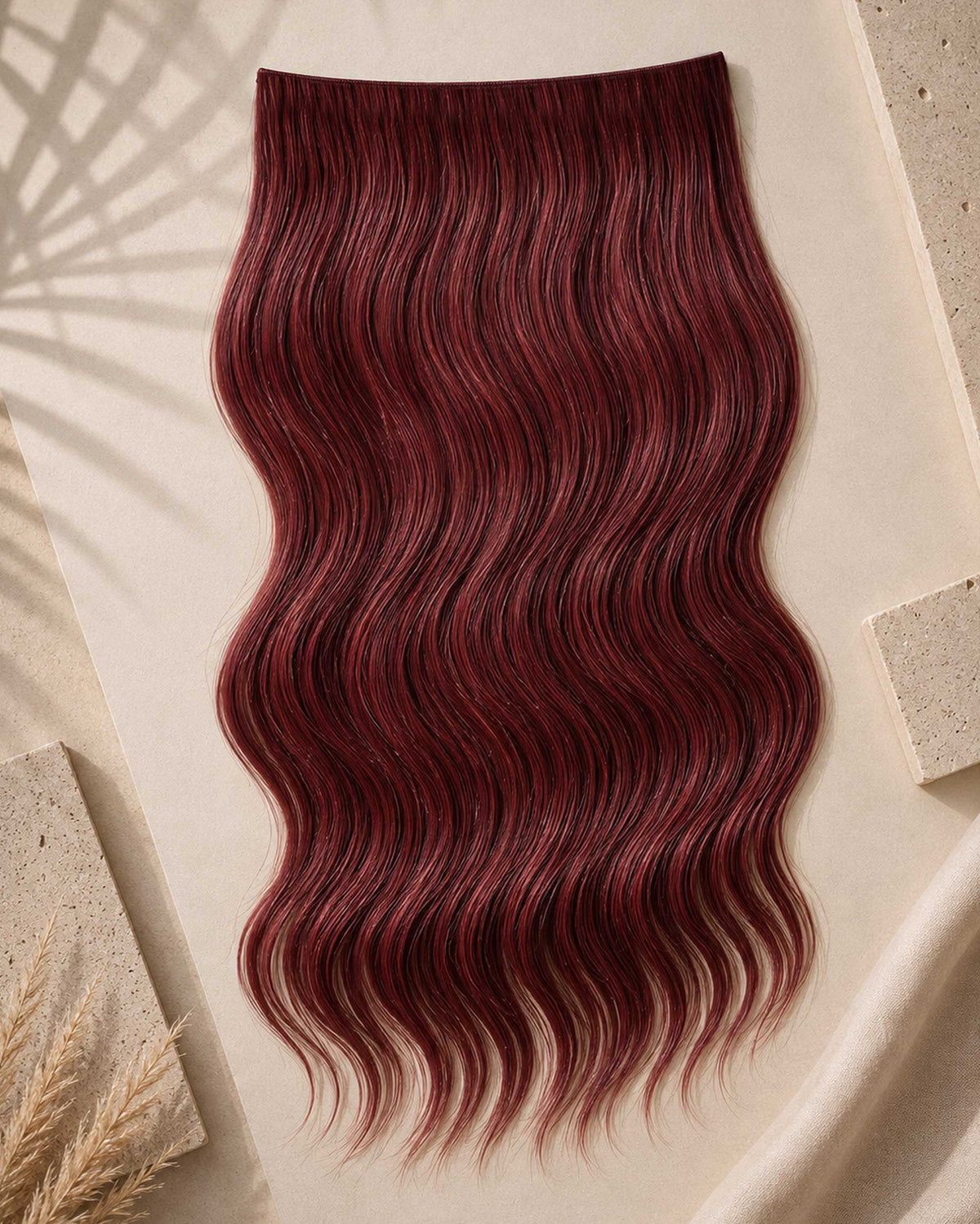 Premium Weft, Lifestyle-Aufnahme auf strukturierter Oberfläche – Deep Burgundy Cherry