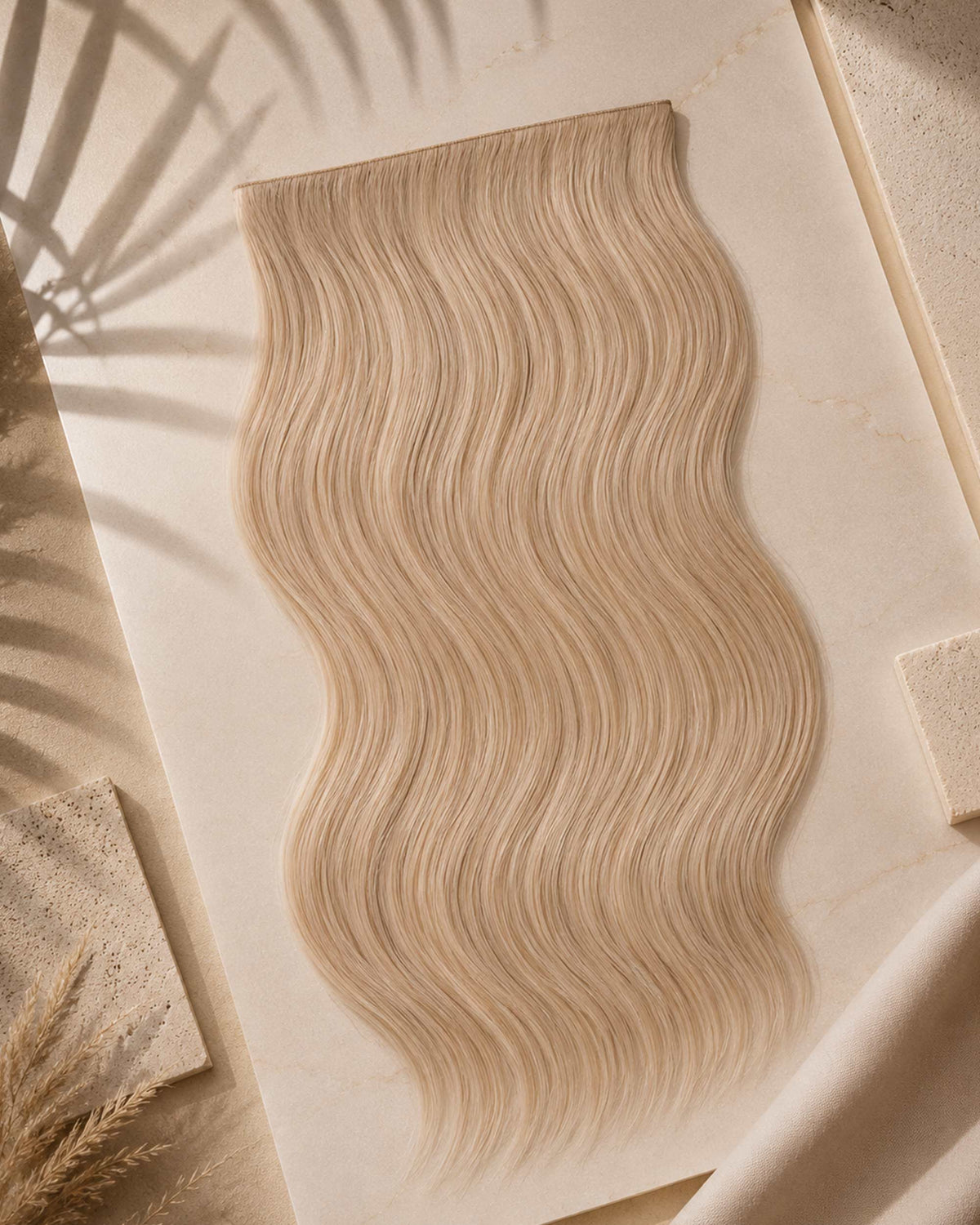 Premium Weft, Lifestyle-Aufnahme auf strukturierter Oberfläche – Sandy Blonde