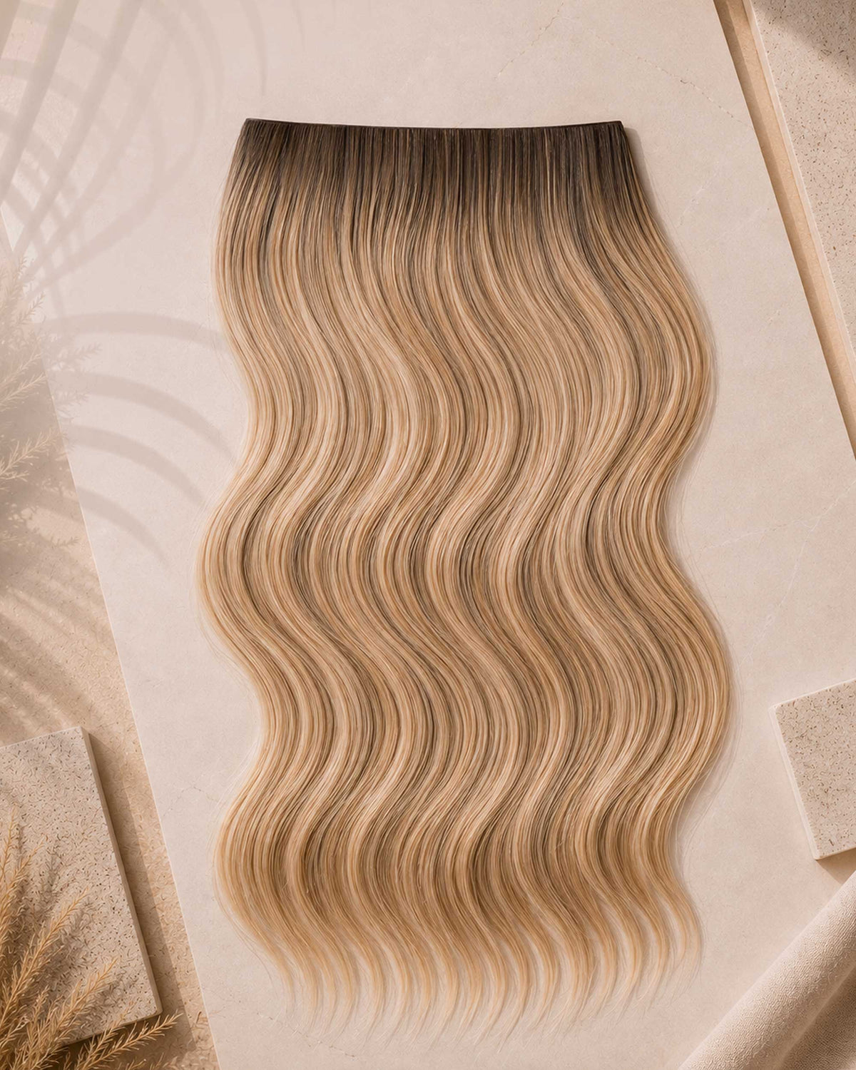 Premium Weft, Lifestyle-Aufnahme auf strukturierter Oberfläche – Sandy Glow